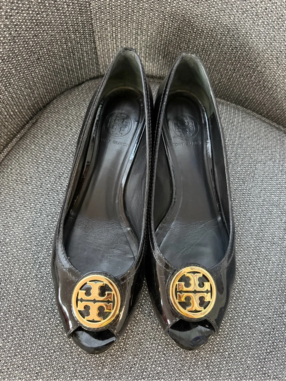 Tory Burch Black Patent Peep-Toe Flats with Gold Logo Medallion